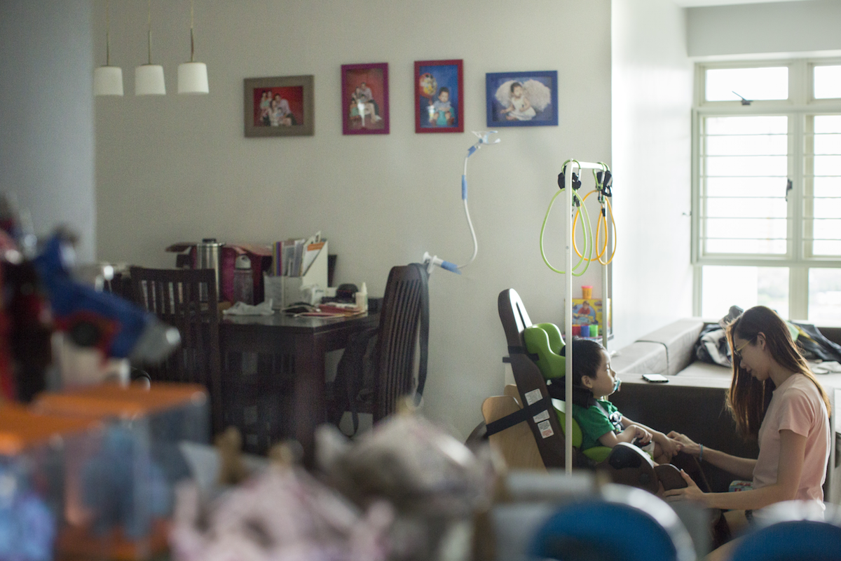 Mother and son spend most of their time together as Lowell provides round-the-clock care for Caelen. The multi-positioning chair helps provide head and trunk support for Caelen, and allows him to learn while sitting upright