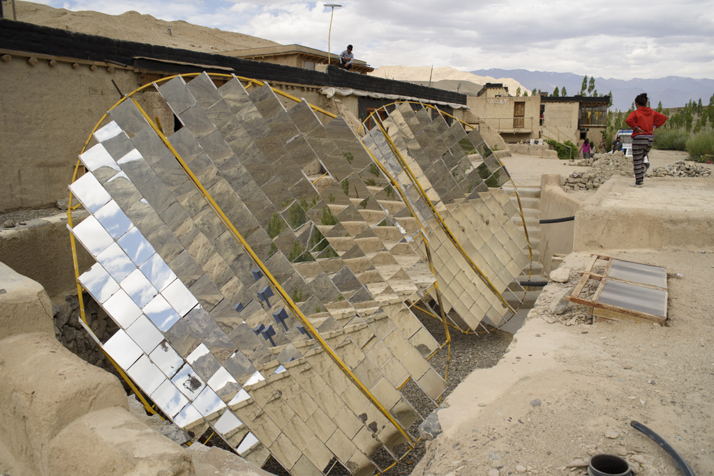 Solar panels fitted near the school’s kitchen. From kitchen preparation to hot water supply in bathrooms, SECMOL is run entirely on solar energy.